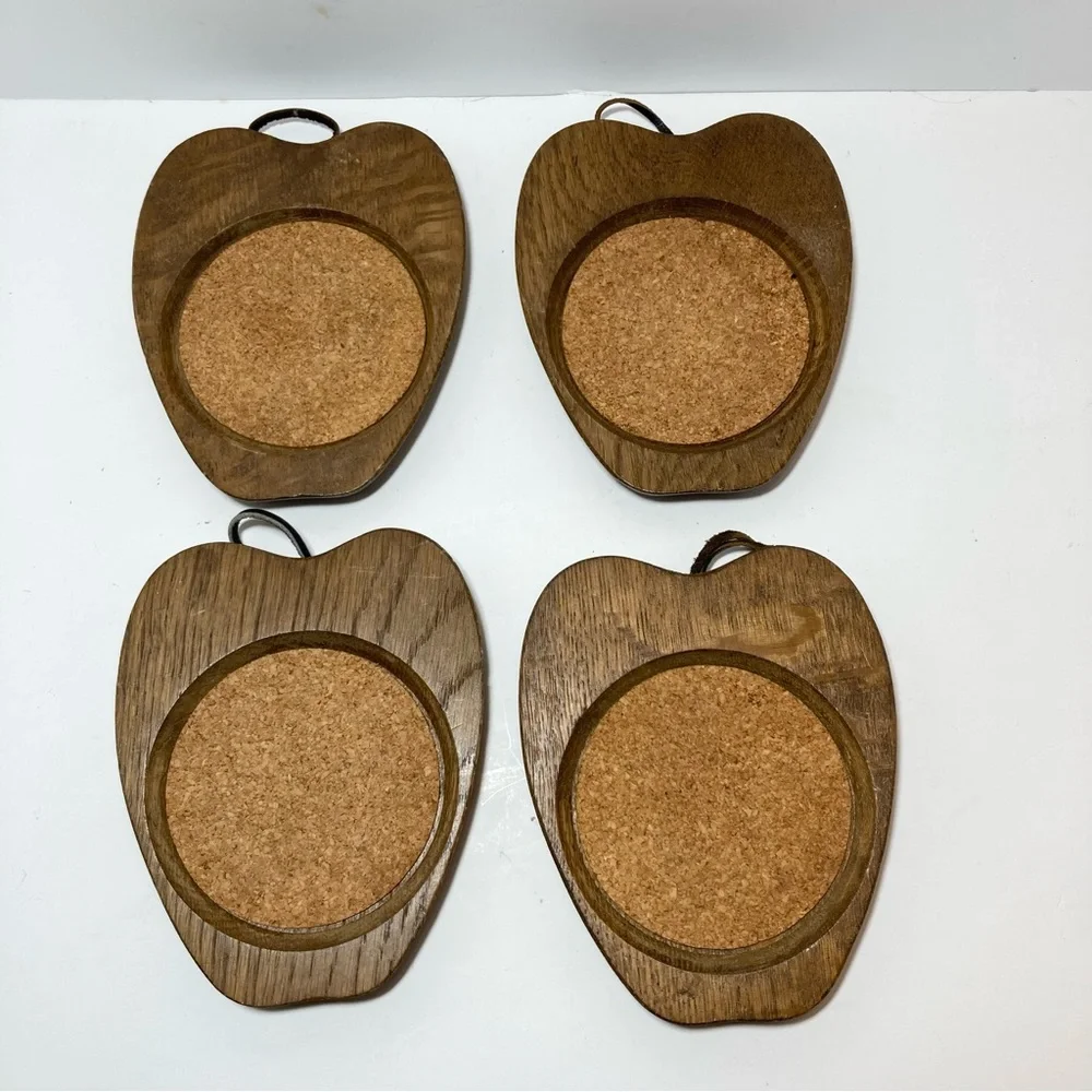 1960s Wood Apple Coaster Vintage Japan Sere Hand Carved Set of 4